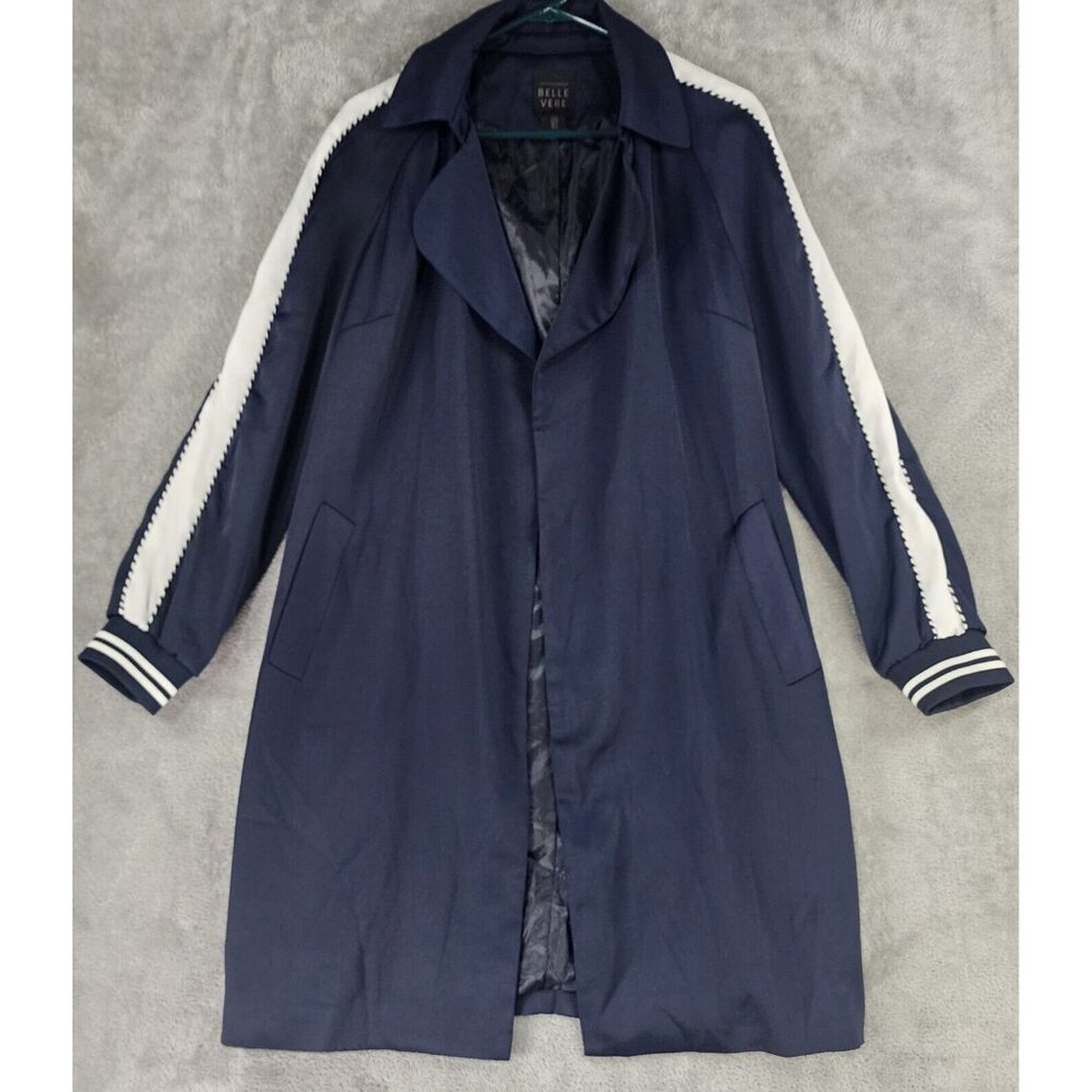 Belle Vere Coat Womens Size S Blue White Stripe Long Sleeve Openโ Trench Coat